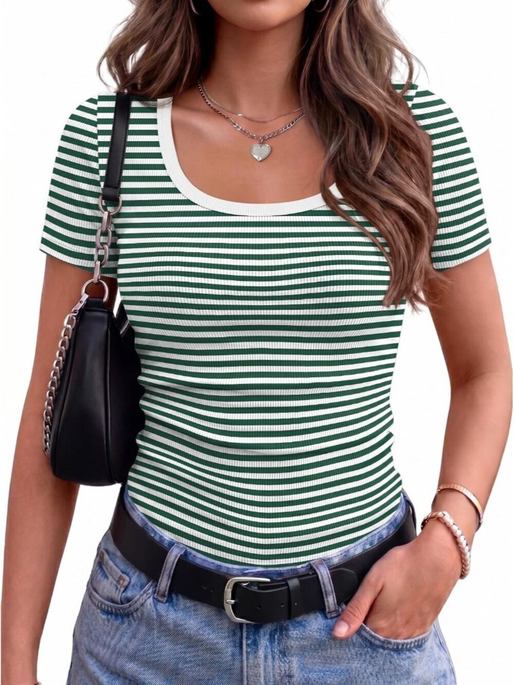 Women's Green-Stripes Scoop Neck Slim Fitted Short Sleeve Summer Tee Top